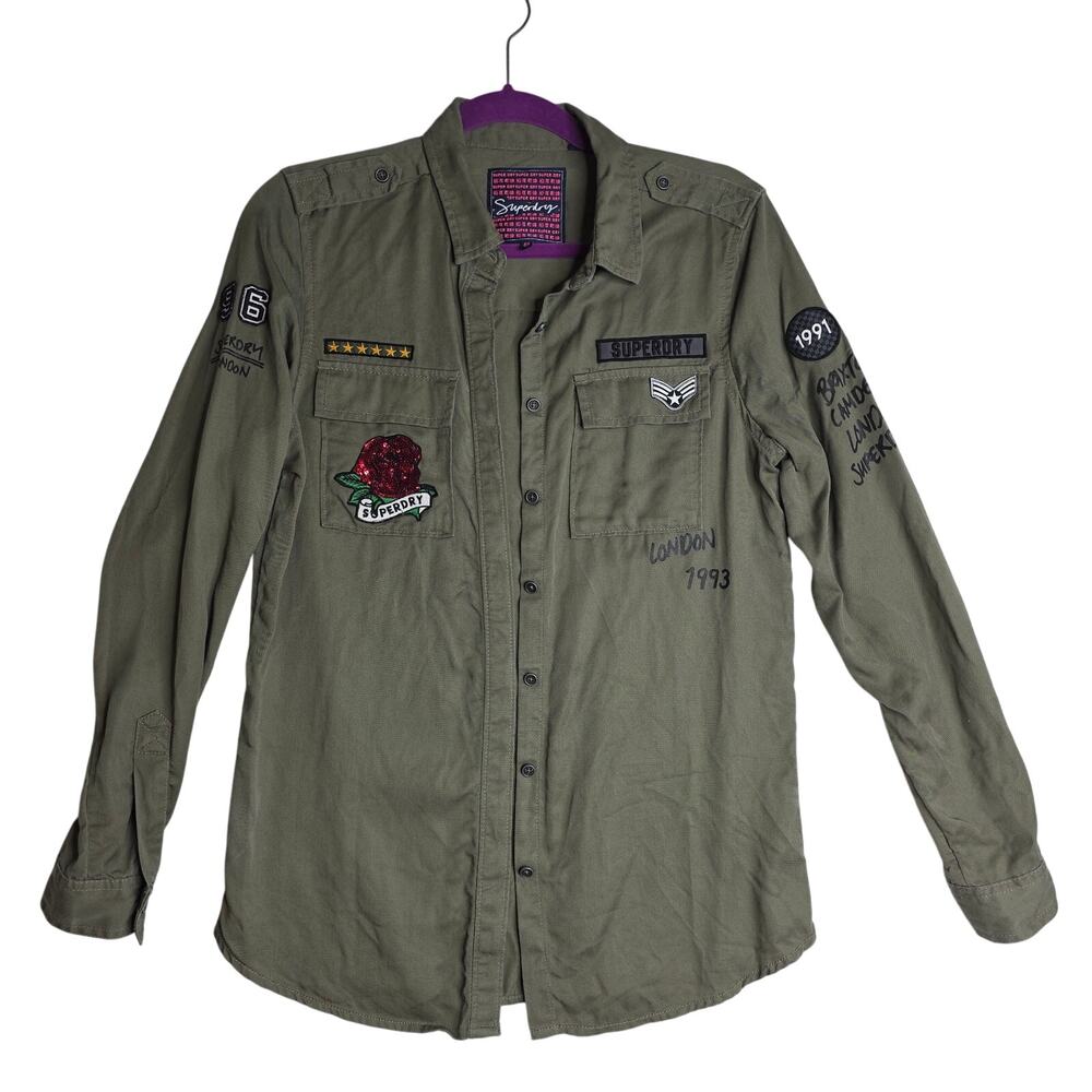 Superdry Sm Military Sequin patches Embroidered dark camo shirts Unique Rare Fun